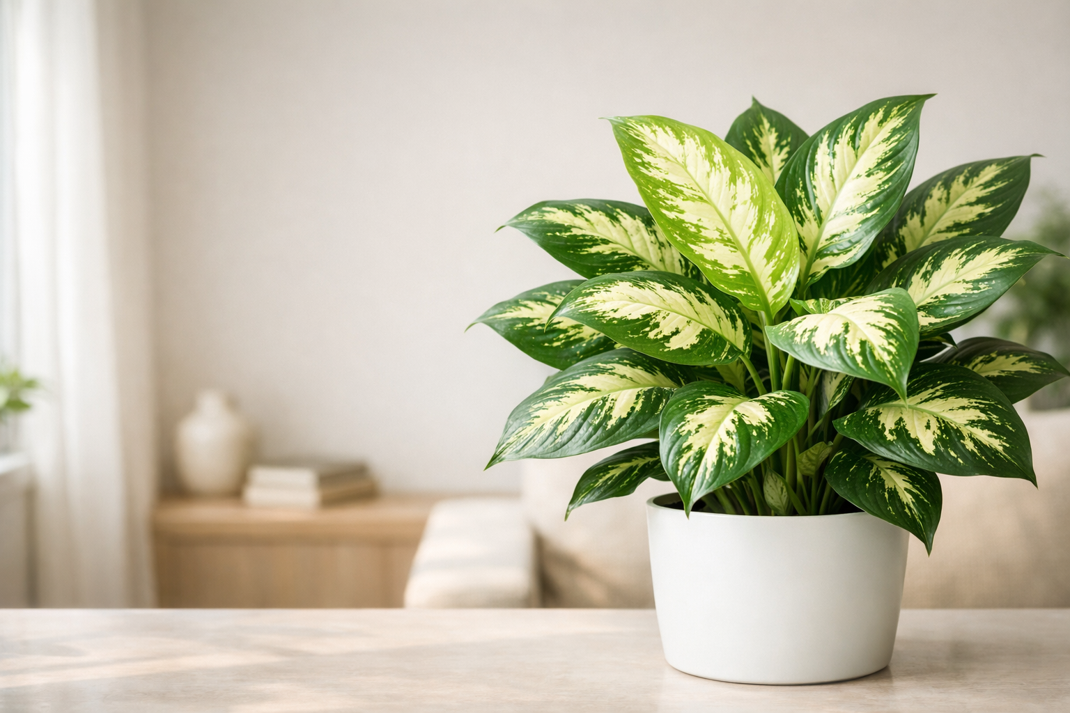 Aydınlık ev ortamında beyaz saksıda Difenbahya Tropik Snow bitkisi ve alacalı yaprak deseni