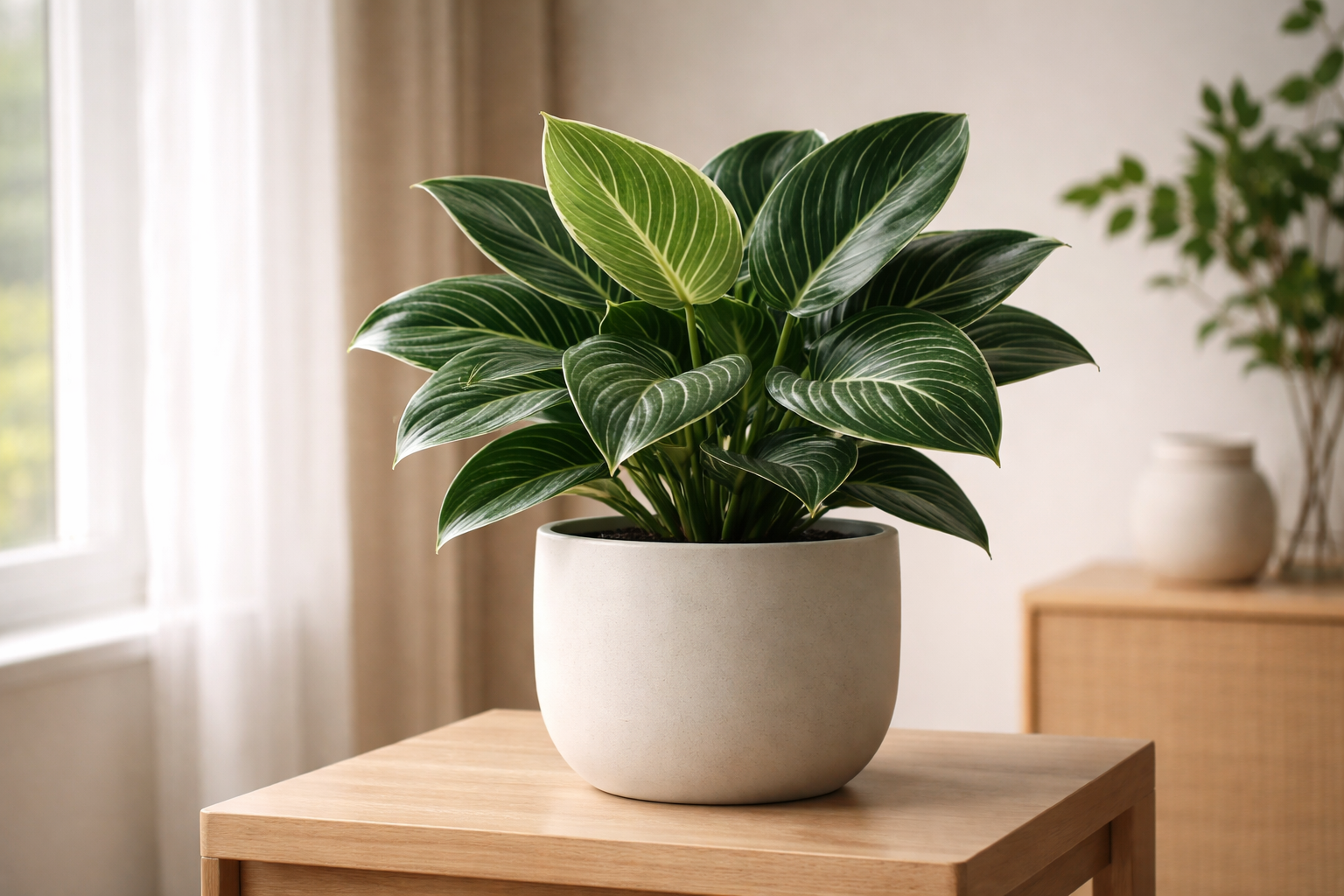 Çizgili krem desenli yapraklara sahip Filodendron Birkin, aydınlık iç mekânda modern saksıda