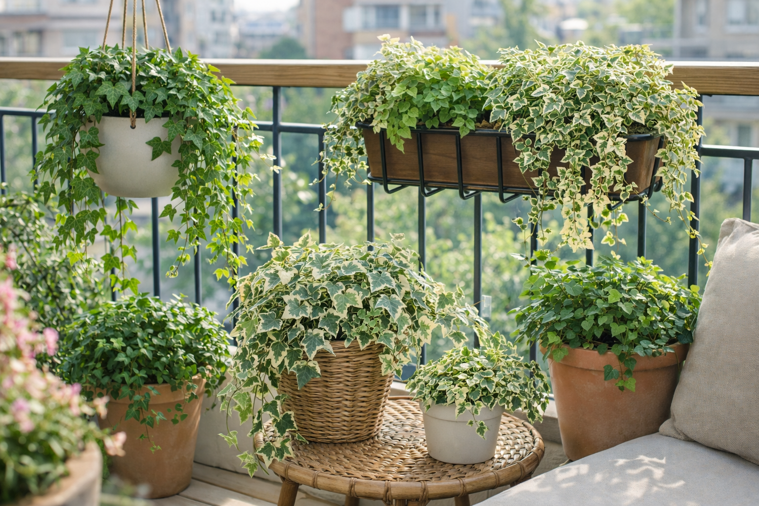 Saksıda Hedera helix (İngiliz sarmaşığı) – aydınlık iç mekânda askılı saksıdan sarkan canlı yeşil yapraklar