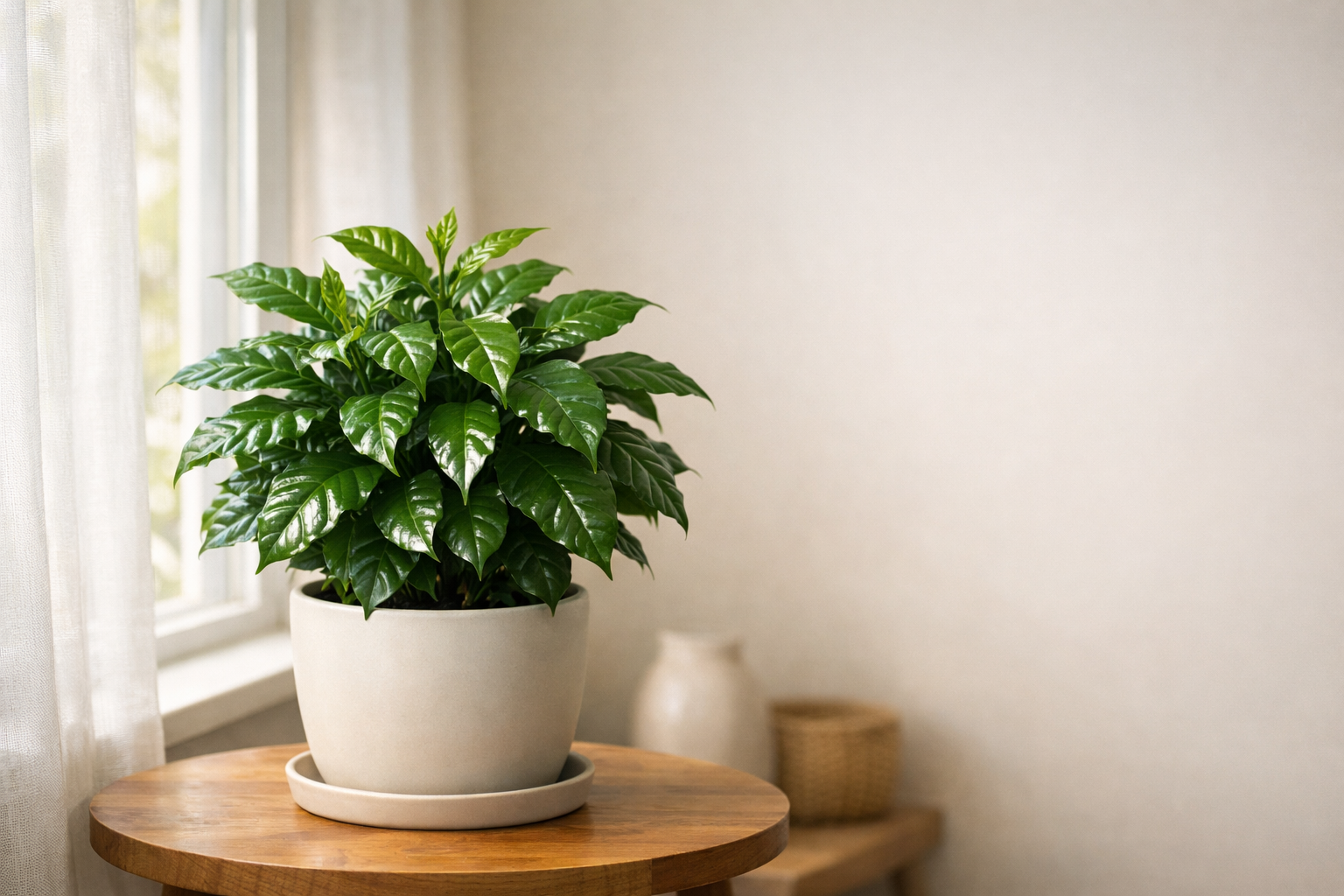 Pencere önünde parlak dolaylı ışıkta, seramik saksıda sağlıklı kahve bitkisi (Coffea arabica) yaprakları