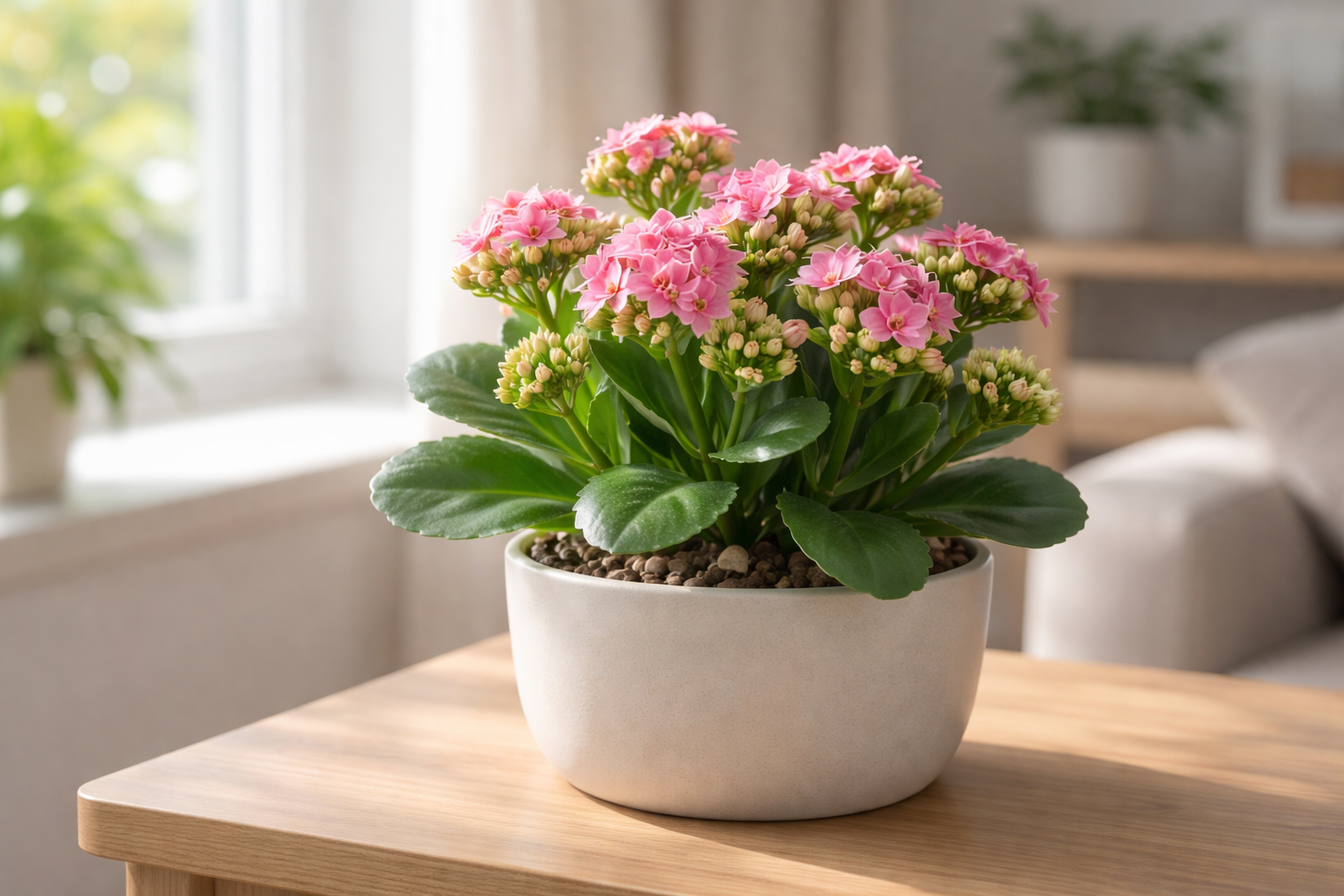 Çiçek açmış pembe kalanşo bitkisi; aydınlık pencere önünde, sağlıklı yapraklar ve tomurcuklarla.