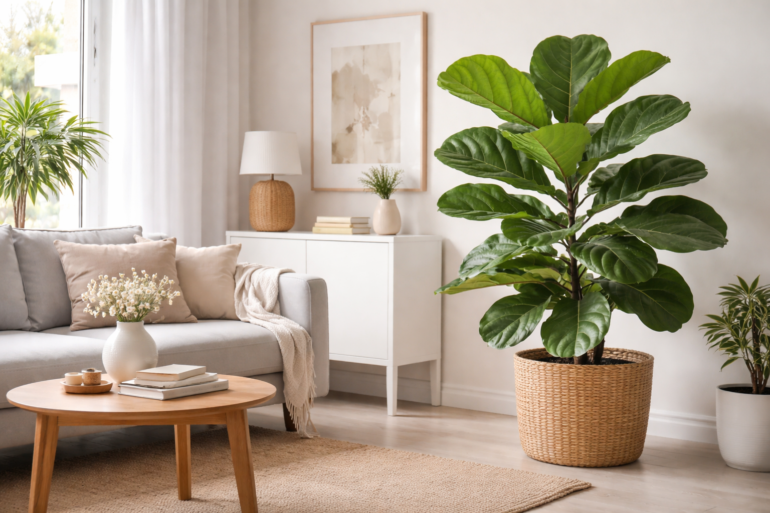 Aydınlık bir iç mekânda büyük keman biçimli yapraklarıyla sağlıklı görünen Ficus lyrata