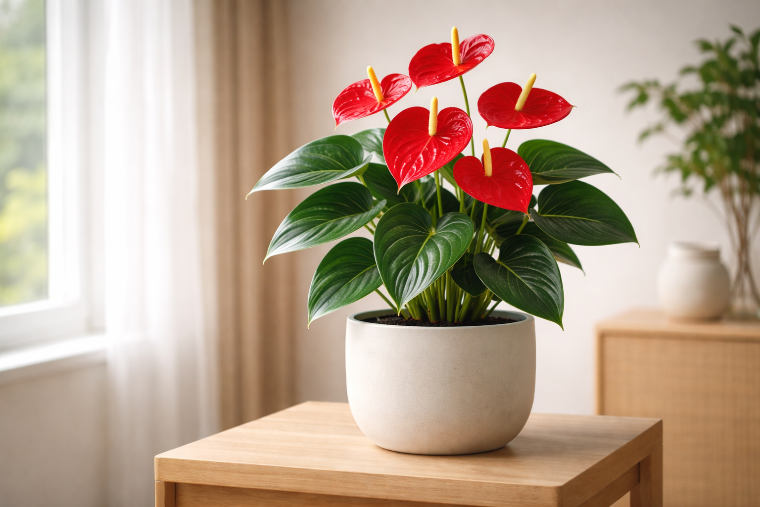 Aydınlık iç mekânda modern saksıda kırmızı brakteli Anthurium andreanum (Kırmızı Flamingo Çiçeği)