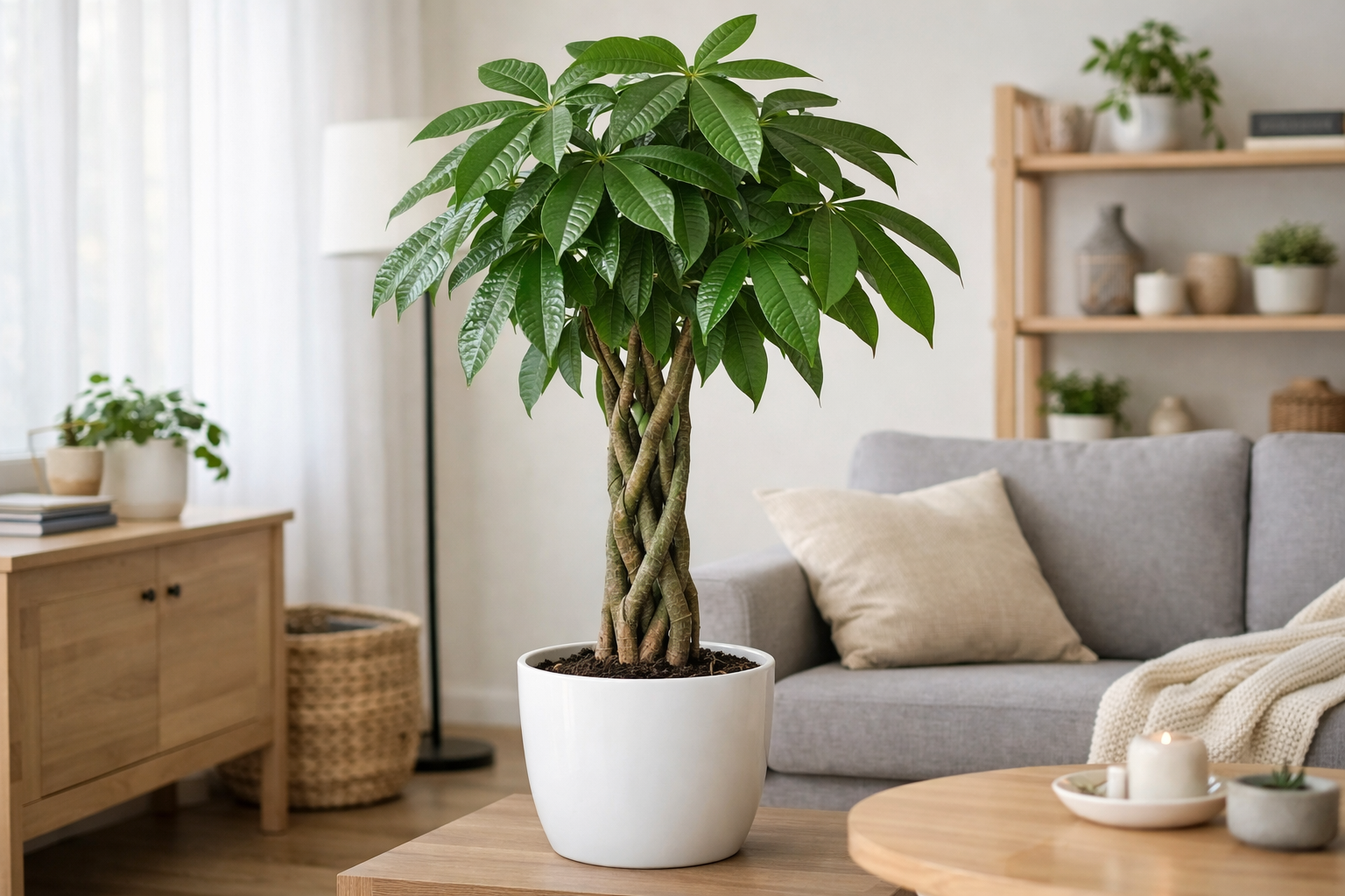 Saksıda örgülü gövdeli para ağacı (Pachira aquatica) ev ortamında