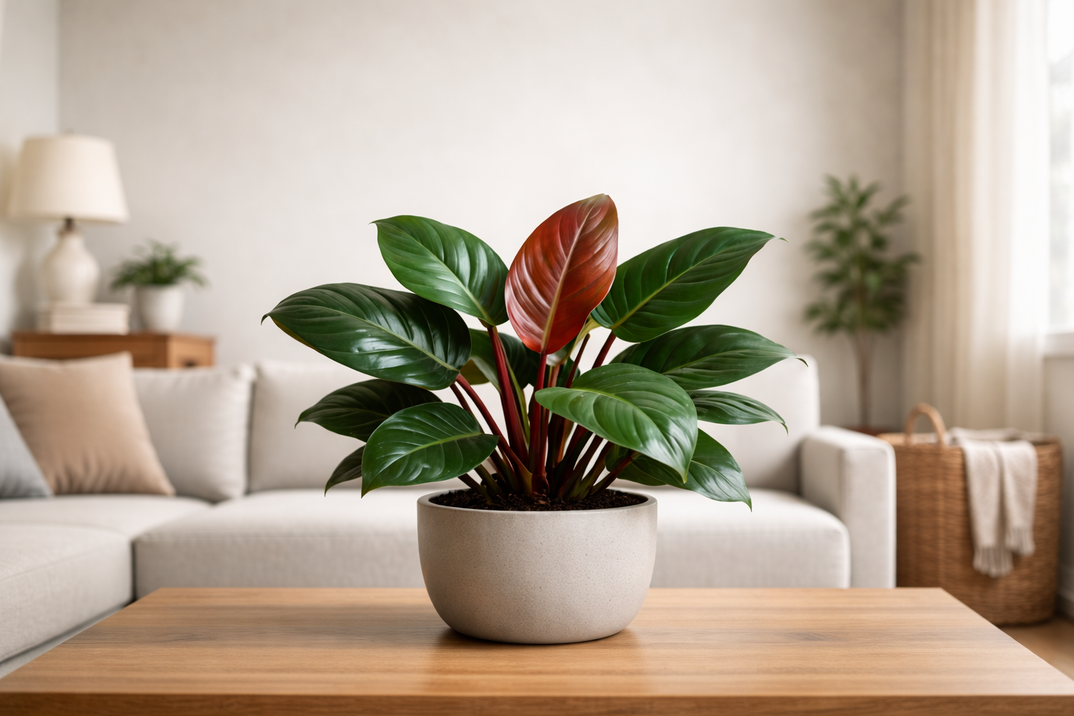 Parlak bordo-yeşil yapraklı Philodendron ‘Rojo Congo’ bitkisi, modern iç mekanda dekoratif seramik saksıda yatay kapak görseli