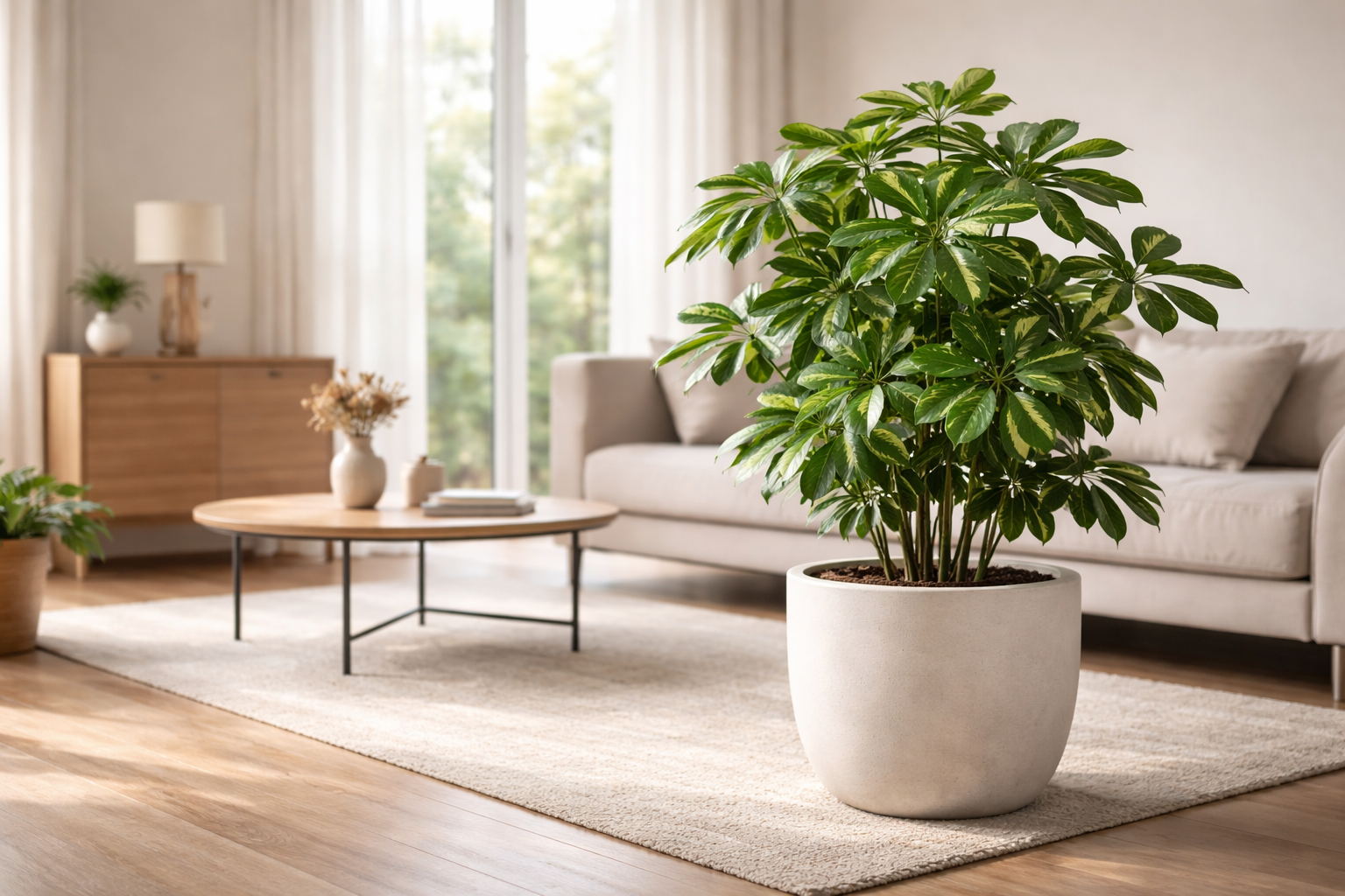 Modern salon ortamında dekoratif seramik saksıda Schefflera arboricola (şemsiye bitkisi)