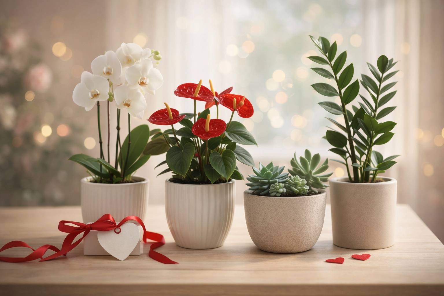 Sevgililer Günü için anlamlı bitkilerle hazırlanmış romantik saksı aranjmanı (orkide, anthurium, sukulent ve zamia detayları)