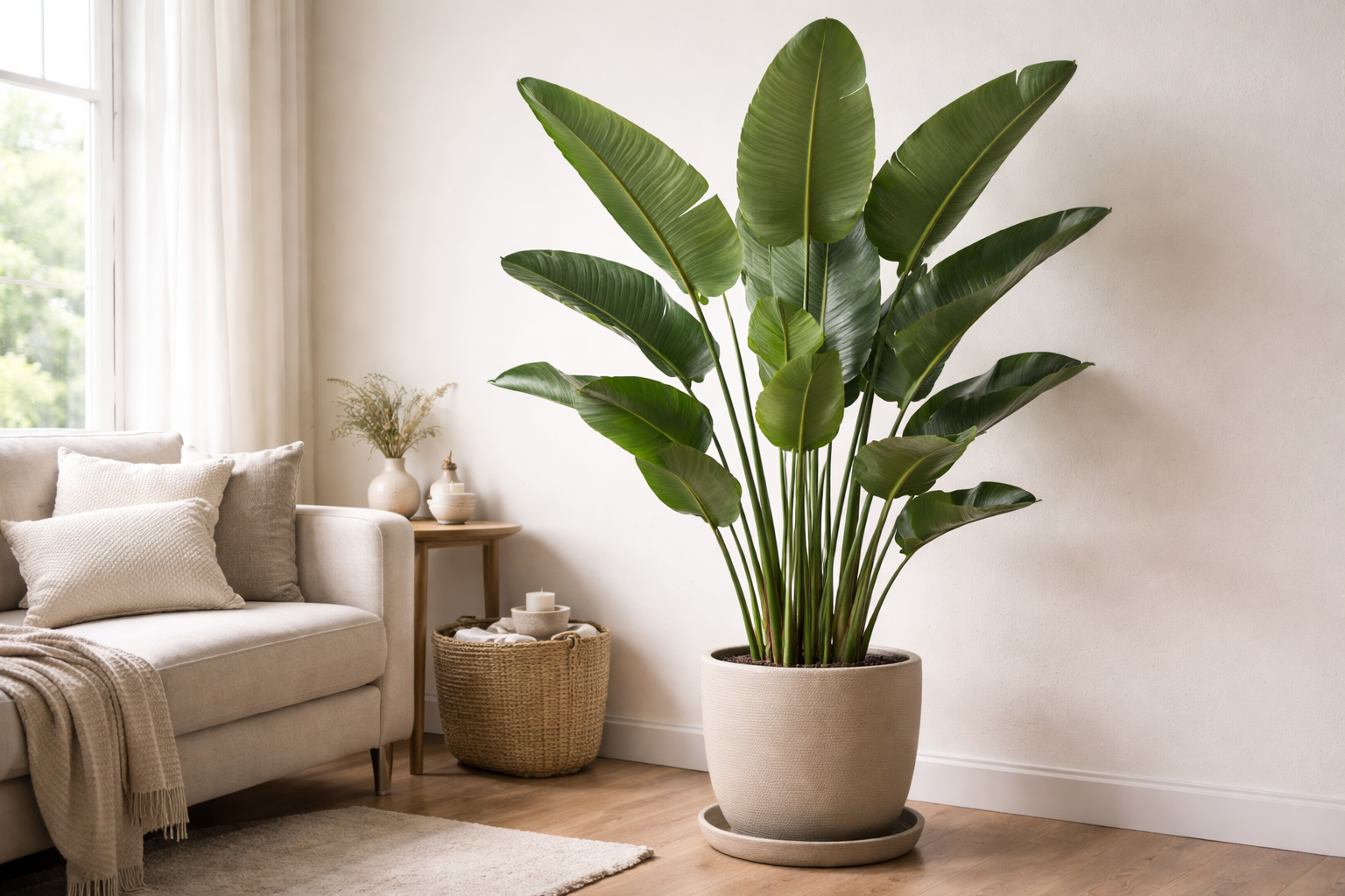 Salon köşesinde doğal ışık alan, büyük yapraklı sağlıklı Starliçe (Strelitzia) bitkisi