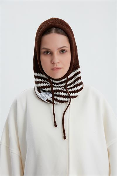 Acı Kahve Çizgili Triko Bere