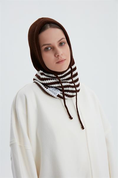 Acı Kahve Çizgili Triko Bere