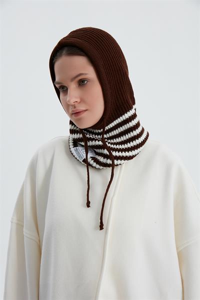 Acı Kahve Çizgili Triko Bere