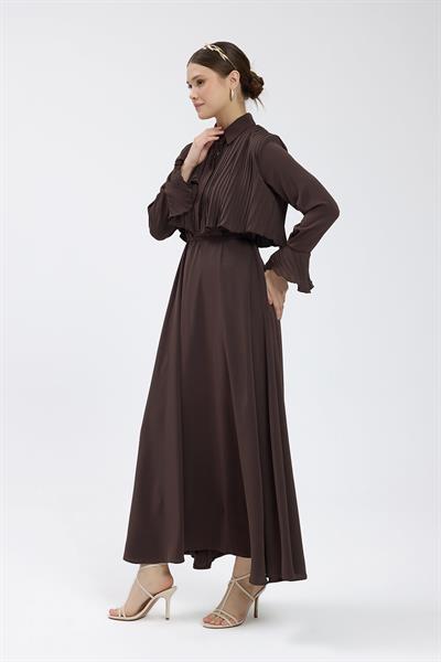 Acı Kahverengi Manşet Detaylı Piliseli Elbise