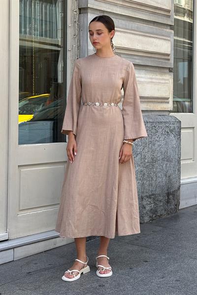 Bej Dikiş Detaylı Keten Elbise
