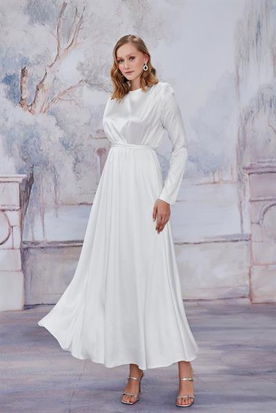 Beyaz Saten Vatkalı Elbise