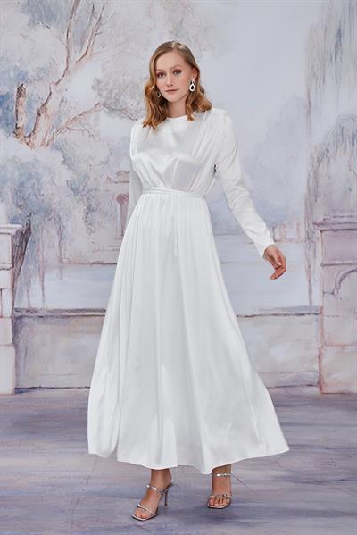 Beyaz Saten Vatkalı Elbise