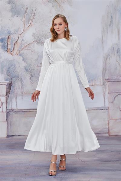 Beyaz Saten Vatkalı Elbise