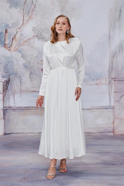 Beyaz Saten Vatkalı Elbise