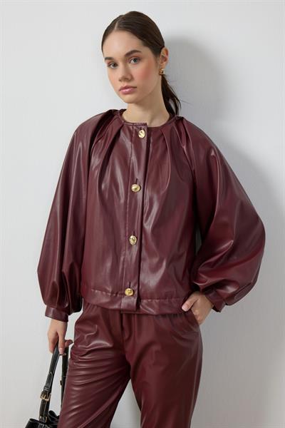Bordo Balon Kol Deri Ceket