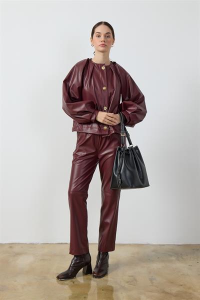 Bordo Balon Kol Deri Ceket