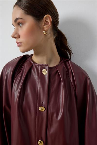 Bordo Balon Kol Deri Ceket
