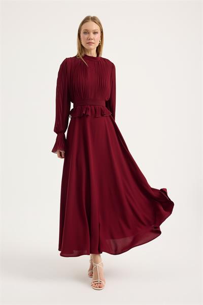 Bordo Bedeni Piliseli Krep Şifon Elbise