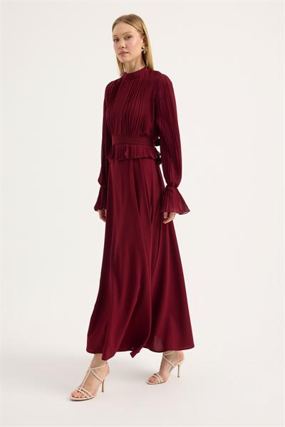 Bordo Bedeni Piliseli Krep Şifon Elbise