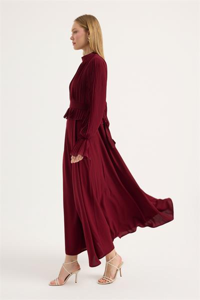 Bordo Bedeni Piliseli Krep Şifon Elbise
