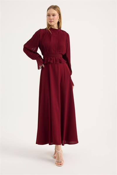 Bordo Bedeni Piliseli Krep Şifon Elbise