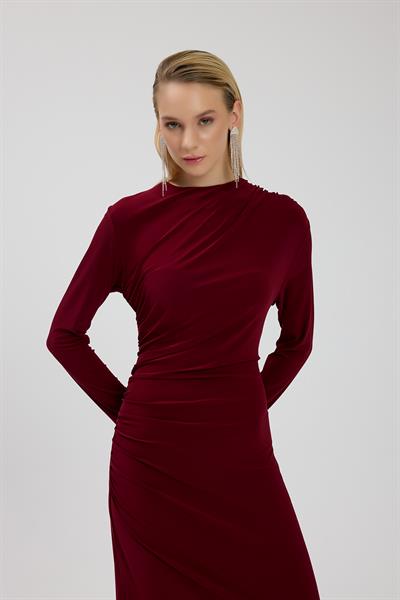 Bordo Büzgü Detaylı Elbise