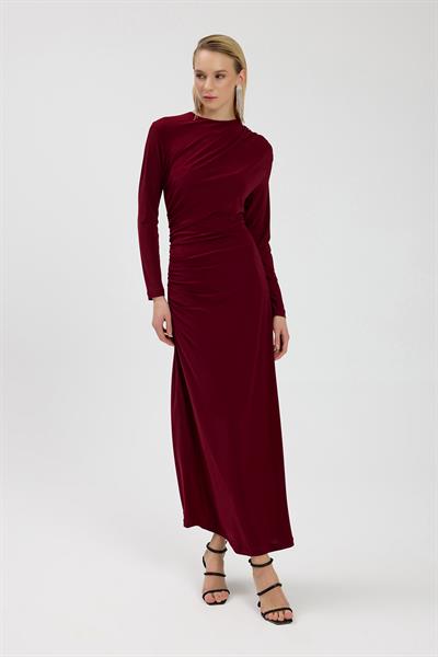 Bordo Büzgü Detaylı Elbise