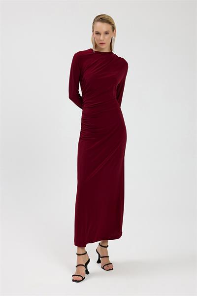 Bordo Büzgü Detaylı Elbise
