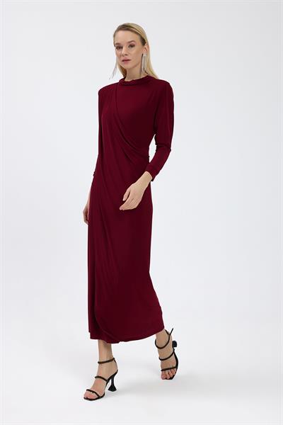 Bordo Drape Detaylı Elbise