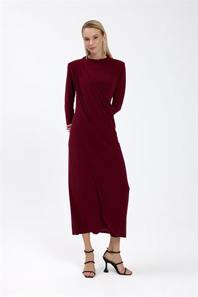 Bordo Drape Detaylı Elbise