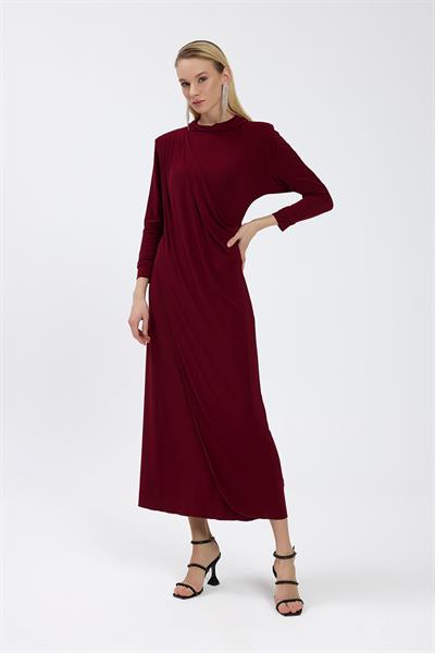 Bordo Drape Detaylı Elbise