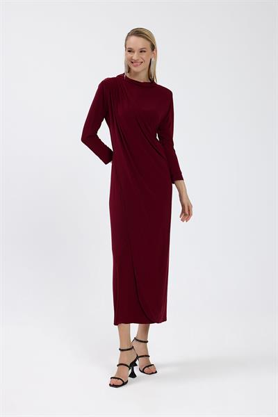 Bordo Drape Detaylı Elbise