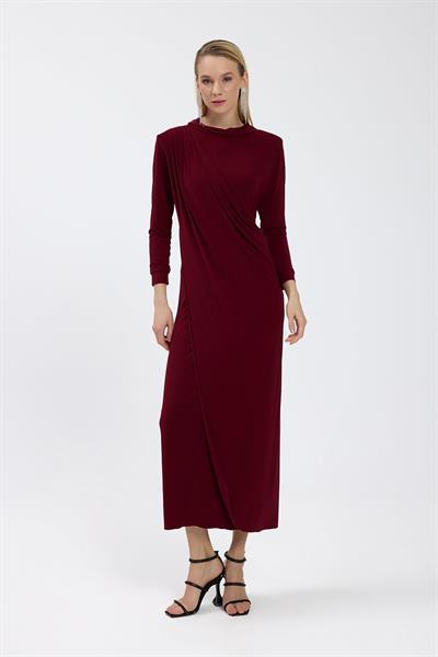 Bordo Drape Detaylı Elbise