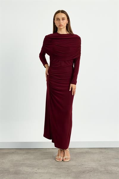 Bordo Omuz Detaylı Drape Elbise