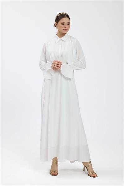 Ekru Manşet Detaylı Piliseli Elbise