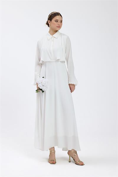 Ekru Manşet Detaylı Piliseli Elbise