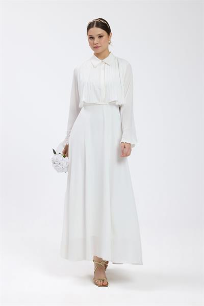 Ekru Manşet Detaylı Piliseli Elbise