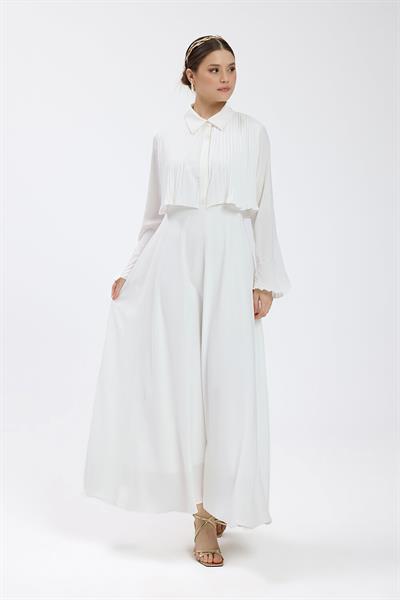 Ekru Manşet Detaylı Piliseli Elbise