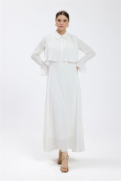 Ekru Manşet Detaylı Piliseli Elbise