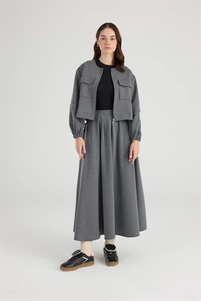 Gri Cep Detaylı Ceket Etek Takım