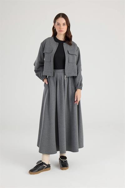 Gri Cep Detaylı Ceket Etek Takım