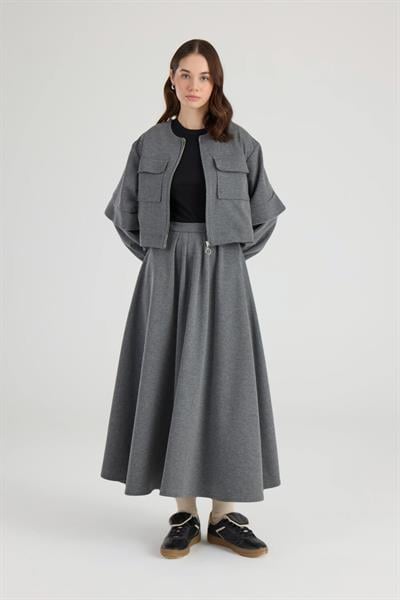 Gri Cep Detaylı Ceket Etek Takım