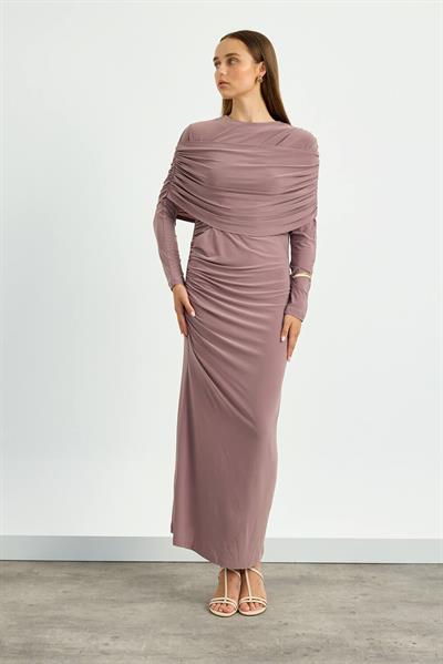 Gül Kurusu Omuz Detaylı Drape Elbise