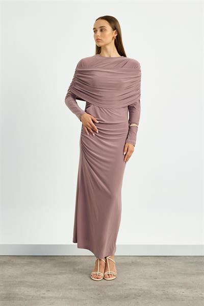 Gül Kurusu Omuz Detaylı Drape Elbise