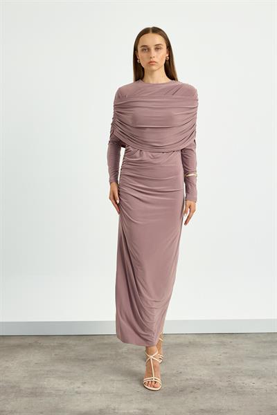 Gül Kurusu Omuz Detaylı Drape Elbise