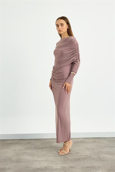 Gül Kurusu Omuz Detaylı Drape Elbise