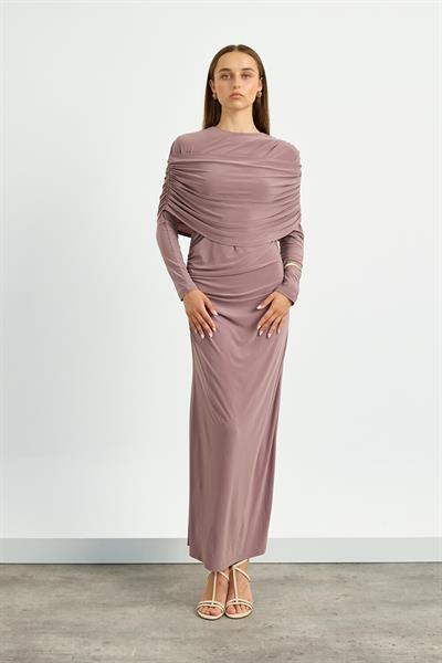 Gül Kurusu Omuz Detaylı Drape Elbise